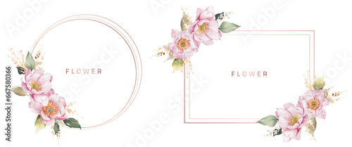 Watercolor peony flower frame. Template wedding invitation card. Rose metallic frame.