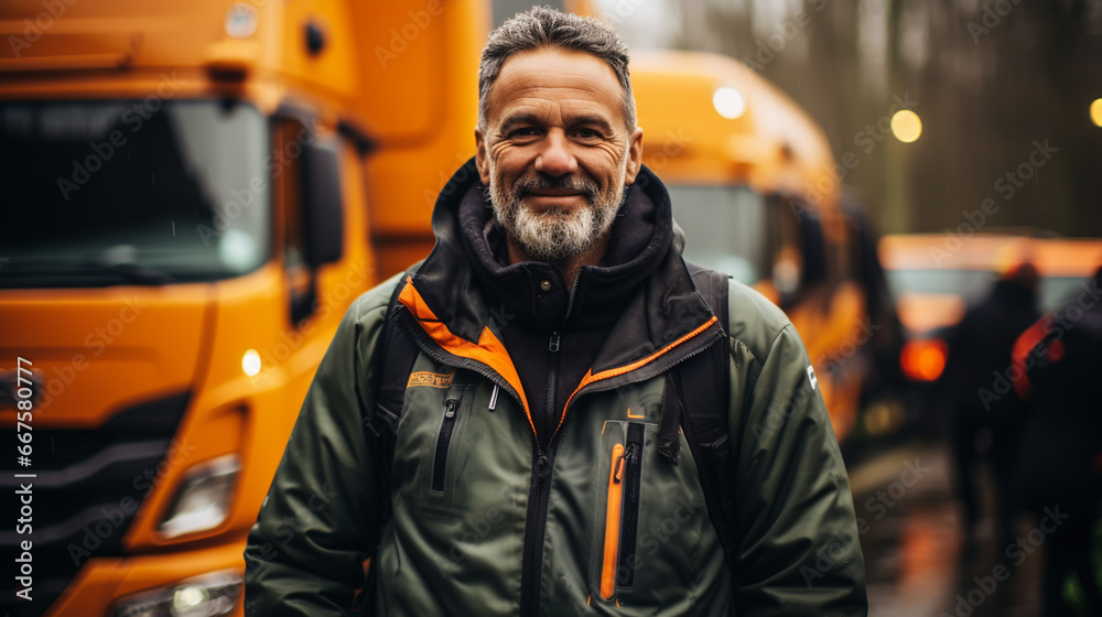 Happy confident male driver standing in front on his truck and looking at camera. Happy confident male driver standing in front on his truck and looking at camera.