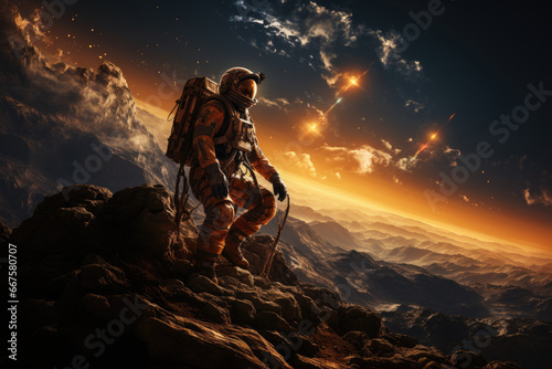 Lonely space marine soldier in an alien planet, standing on a mountain and looking into the universe, astronaut standing on an alien planet, generative ai
