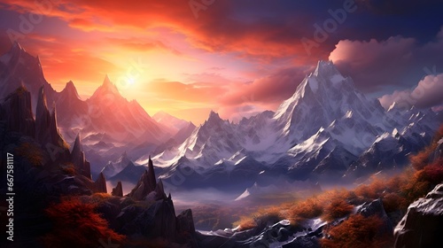 Fantastic panorama of mountains at sunset. Panoramic view. © Michelle
