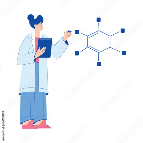 Chemistry with Woman Scientist Character Explore Molecule Formula Vector Illustration