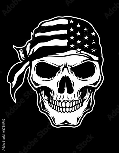 Fototapeta Naklejka Na Ścianę i Meble -  USA Patriotic Skull Illustration, Skull with US Flag Bandana, Military Skull Vector, Soldier Dad Clipart, Memorial Day Tshirt Design, Skull Flag Banner Tattoo Stencil, Human Bones Graphic