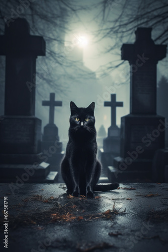 Black cat sitting in cemetery at night. Cat staring at camera, moonlight night.