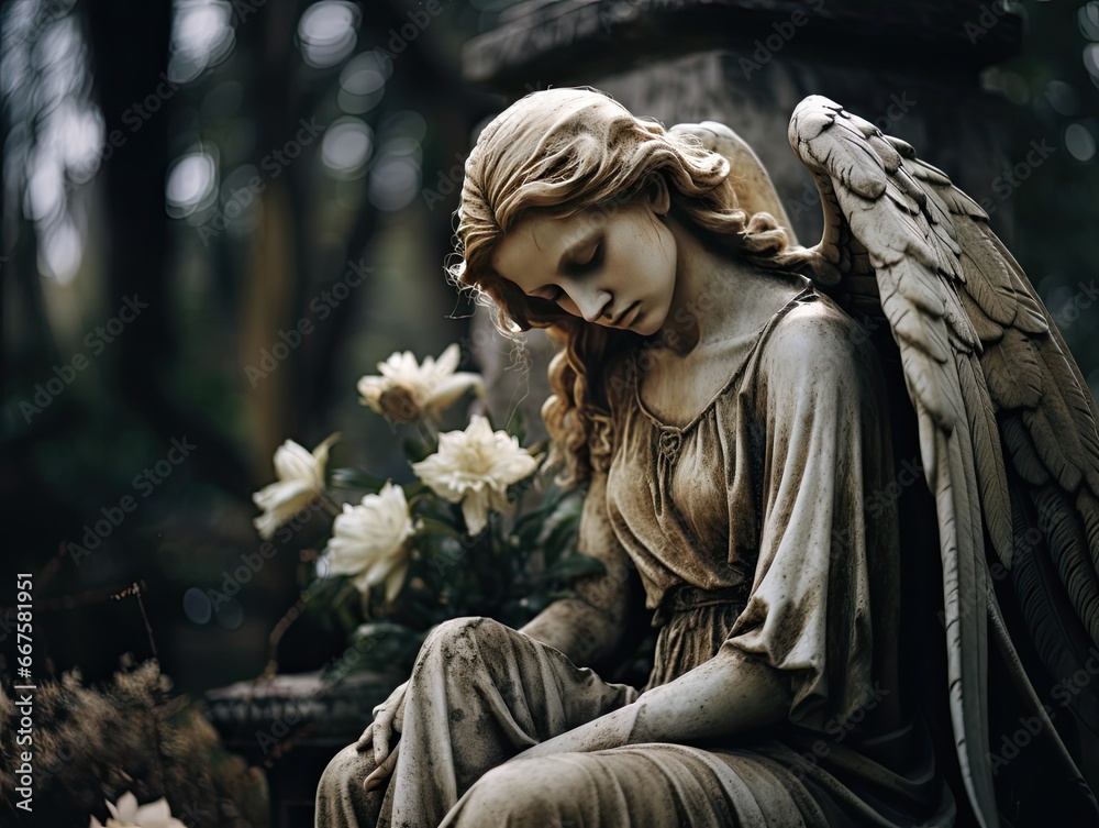 Statue of a sad angel in a cemetery