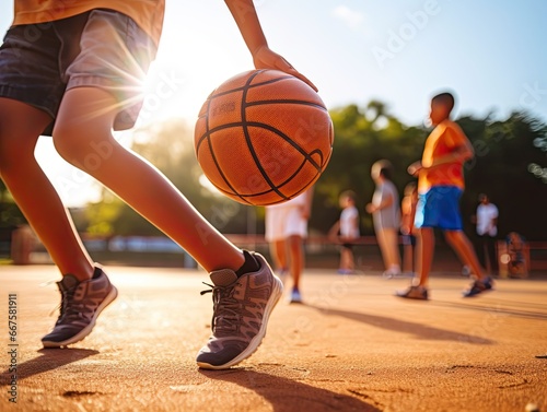 Playing basketball. Close-up view of a ball in a child's hand