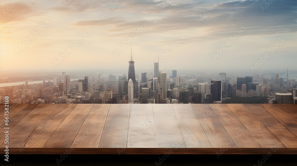 empty table top for product display with defocused city skyline background