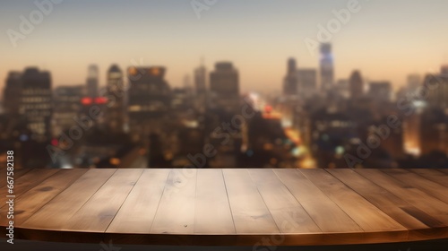 empty table top for product display with defocused city skyline background © JD