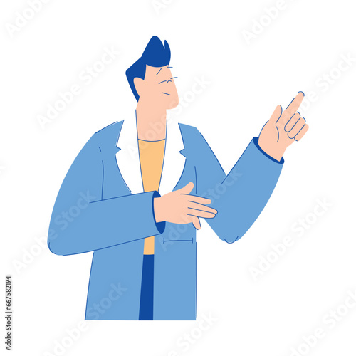 Chemistry with Man Scientist Character Point Finger and Talk Vector Illustration