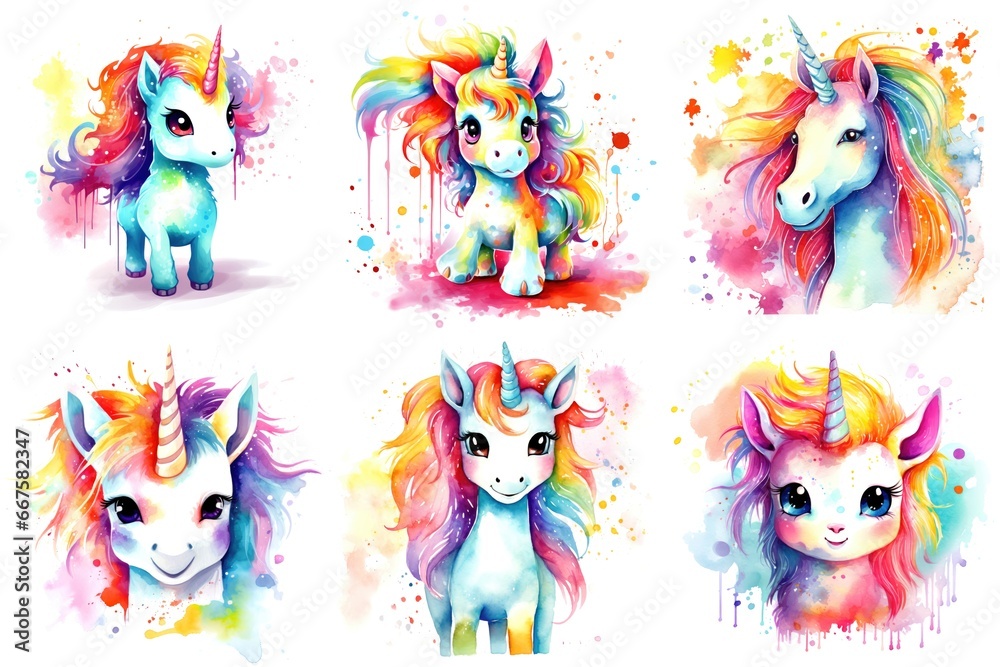 Naklejka premium A set of six watercolor illustrations of unicorns, watercolor clipart on white background.