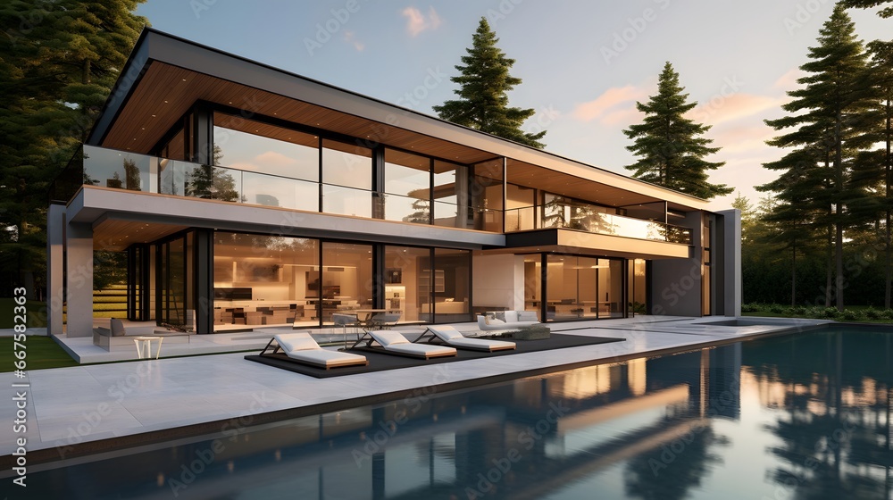 3d rendering of modern cozy house with pool and parking for sale or rent in luxurious style. Sunset in background.