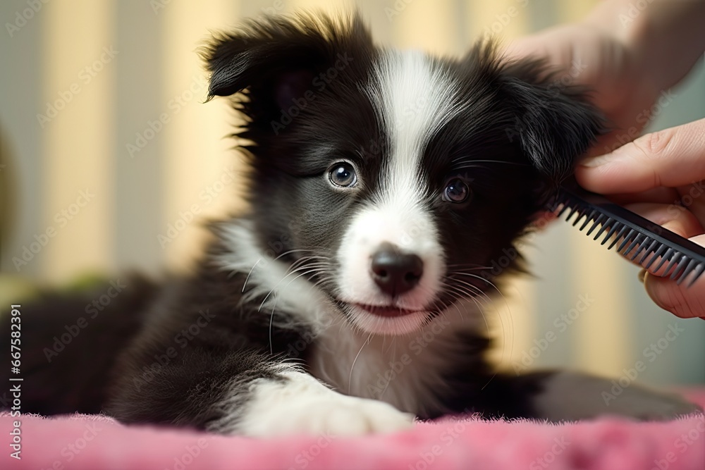 Black and white purebred puppy being groomed by groomer. Generative AI