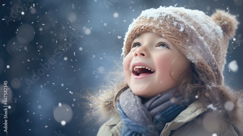 a funny little boy in blue winter clothes playfully catching snowflakes with his tongue during a snowfall. Ideal for promoting the joy of winter activities for kids