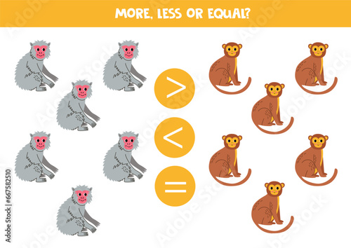 Grater, less or equal with cartoon Japanese macaque and monkey.