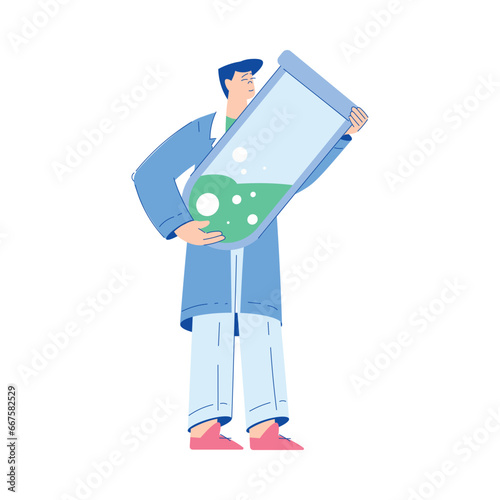 Chemistry with Man Scientist Character Hold Huge Glass Tube Vector Illustration