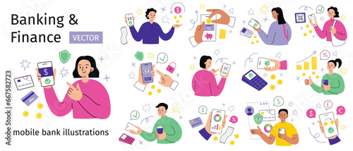 Banking and finance hand drawn scenes set, online payment and bank account compositions, collection of people using mobile bank, vector illustrations of deposit, cashback service, cashless payment