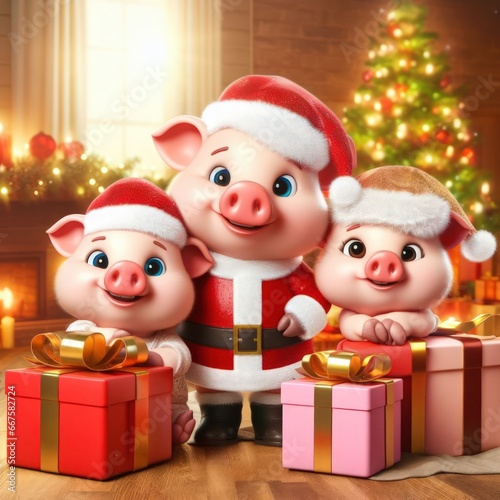 cute little pigs wearing santa hats with christmas presents and gifts generative ai