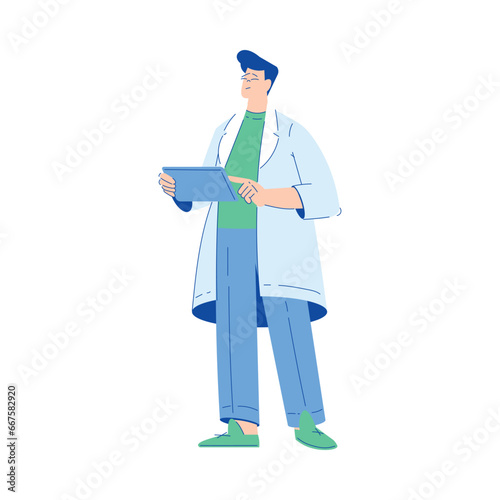 Chemistry with Man Scientist Character Standing with Tablet Vector Illustration