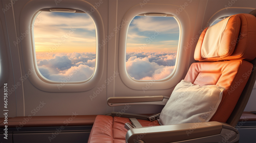 Airplane seat against blue sky with white clouds 