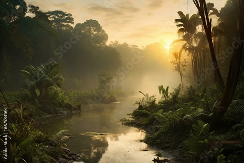 Rainforest, river, landscape, sunrise, jungle, steam. Generative AI