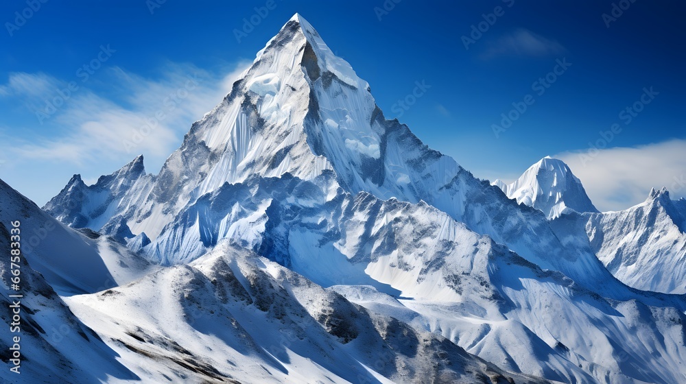 Panorama of the snowy mountains on a sunny day. Caucasus, Russia