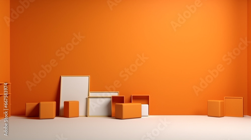 3D frames and box chair in empty orange pastel modern room background. Concept of minimalism. Light background with copy space.  © Strabiliante