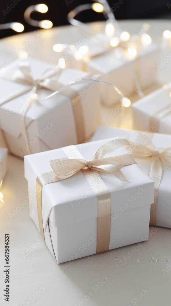 Gift boxes on white table with garland lights, closeup. Gift boxes on white table with garland lights, closeup.