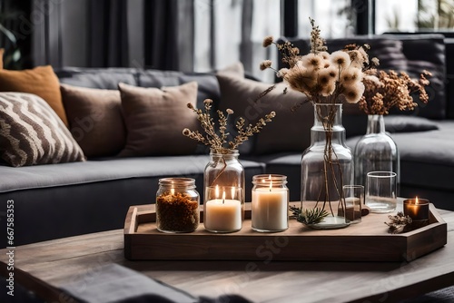 Glass jar with dried flowers  vase  and candle on wooden tray on coffee table over sofa with cushions. Gray and brown interior decoration. Decor for the living room
