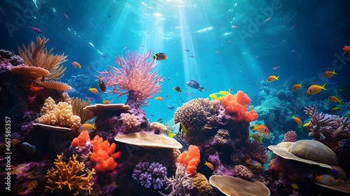 Underwater panorama of coral reef with tropical fish and sunlight. © Michelle