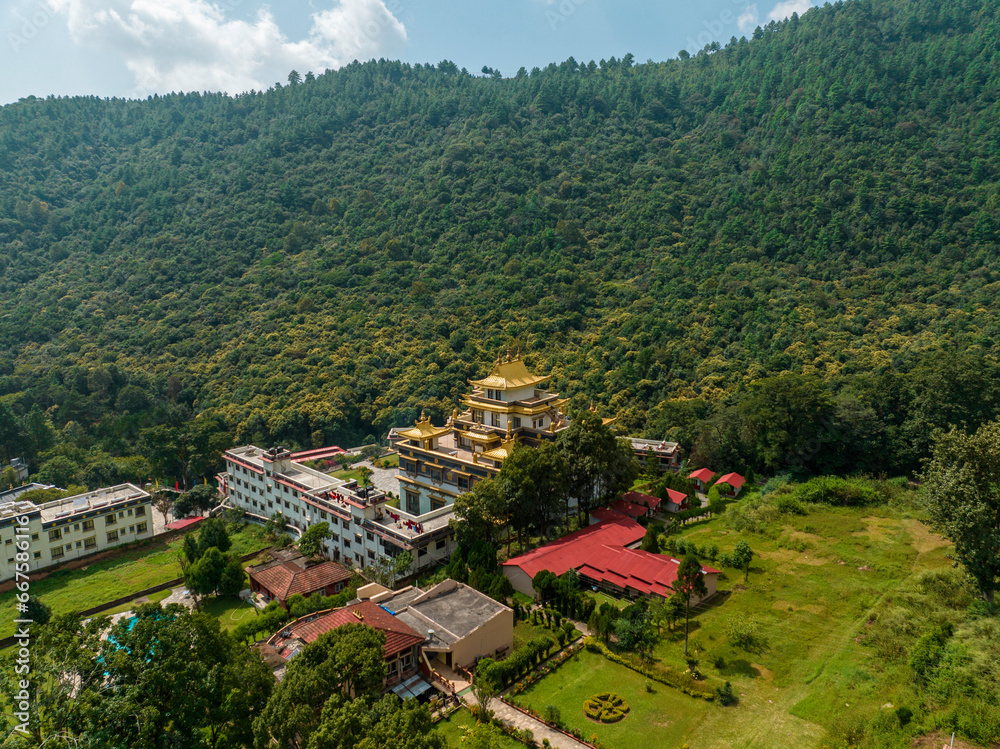 Aerial view of the Azom Monastery in Dakshinkali, Nepal. It is close to Guru Rinpoche Statue. It is one of the best place to visit near Kathmandu. 10-10-2023