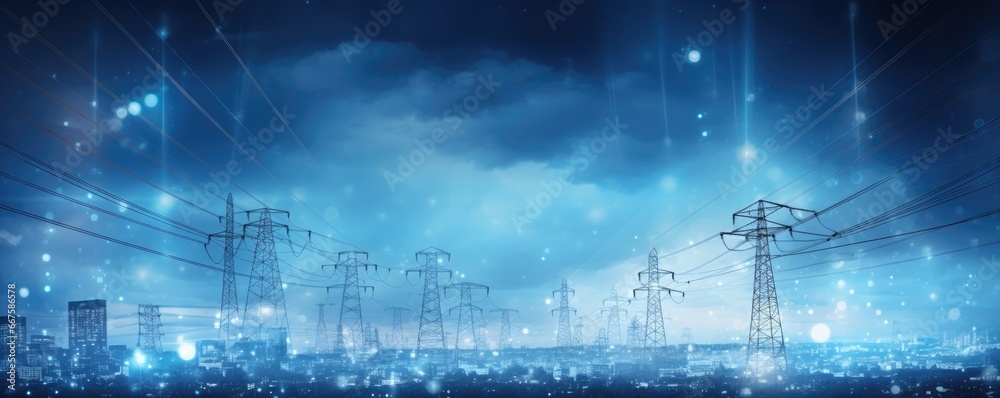 Electric pylons under moonlight at blue night. Electricity lines and electric power station in the sky at night - obrazy, fototapety, plakaty 