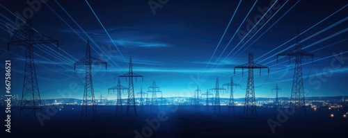 Electric pylons under moonlight at blue night. Electricity lines and electric power station in the sky at night photo