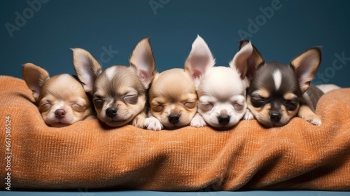 sleeping chihuahua puppies in a row, doggies resting on a blanket, adorable pet group portrait, ai generated