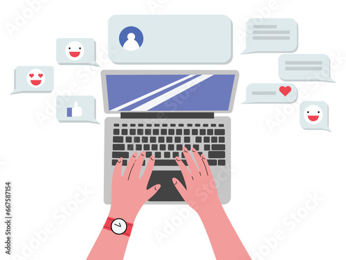 Flat lay on hands chatting on social network via laptop, isolated vector illustration in flat design