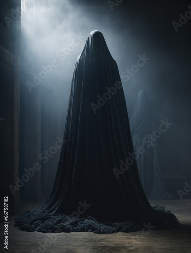 Two ghostly females under black veil standing in the dark room