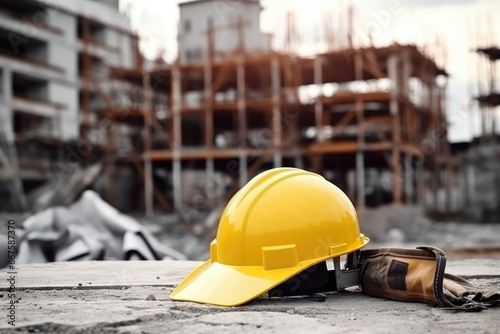 Construction site yellow helmet on floor. Building concept background