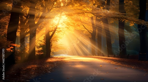 Beautiful sunset in the autumn forest. Panoramic image.