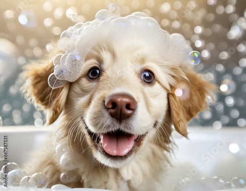 golden retreiver puppy is happy in the bubble bath generative ai photo