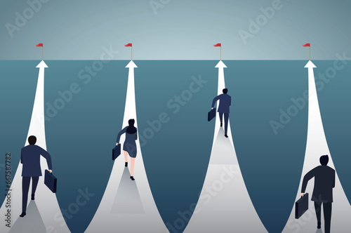 Businessperson running to target.Competition concept. Business best practices.