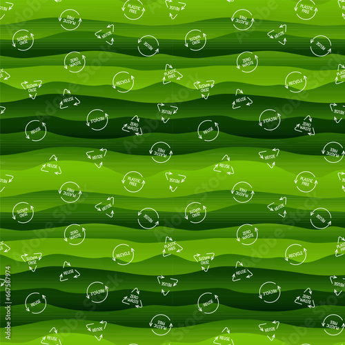 Zero waste and plastic free icons on green striped background. Vector seamless pattern for eco-friendly usage