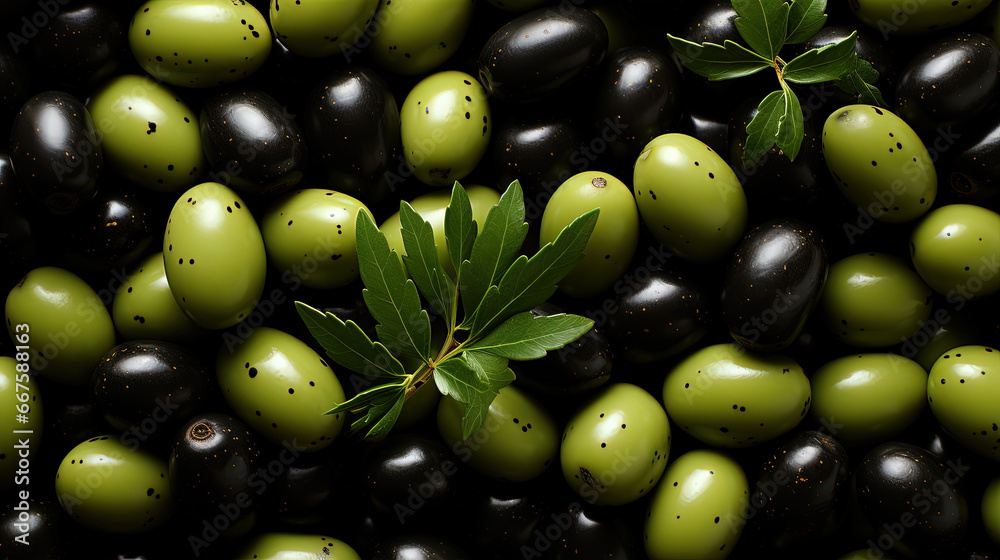 Water Drops on Fresh Organic Green and Black Olives Texture Background