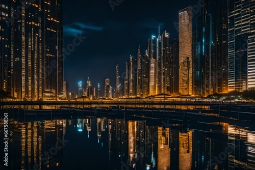 A nighttime picture of the metropolis with reflections of artificial light on the water