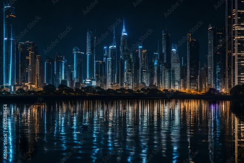 A nighttime picture of the metropolis with reflections of artificial light on the water
