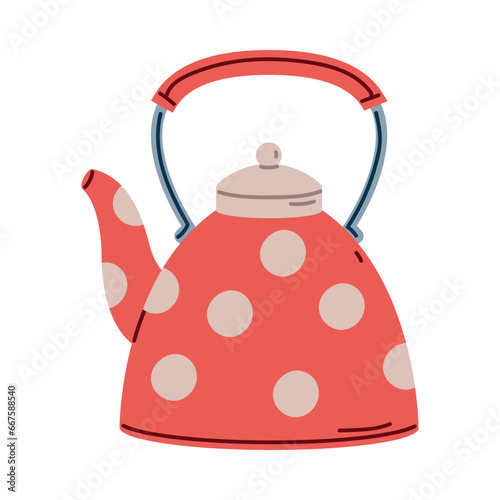 Red Polka Dot Kettle for Water Boiling as Cooking Utensil Vector Illustration