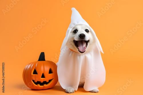 Perrito cachorro vestido como fantasma junto con una calabaza de noche de brujas.