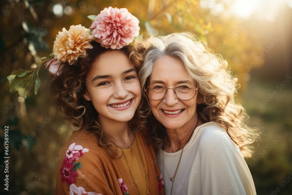 Obraz premium Happy mature mother and her daughter outdoors affection. Nature summer outdoor portrait. Generate Ai