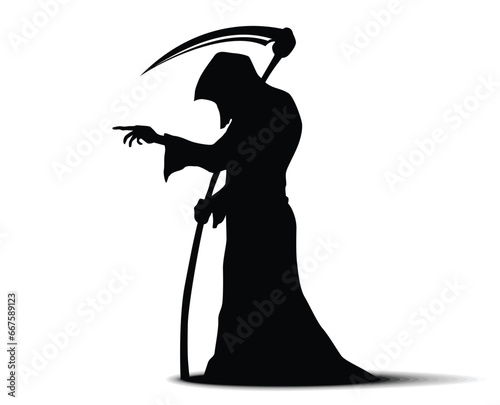 Grim Reaper of Death with scythe on shoulders points to victim. Vector icon on transparent background
