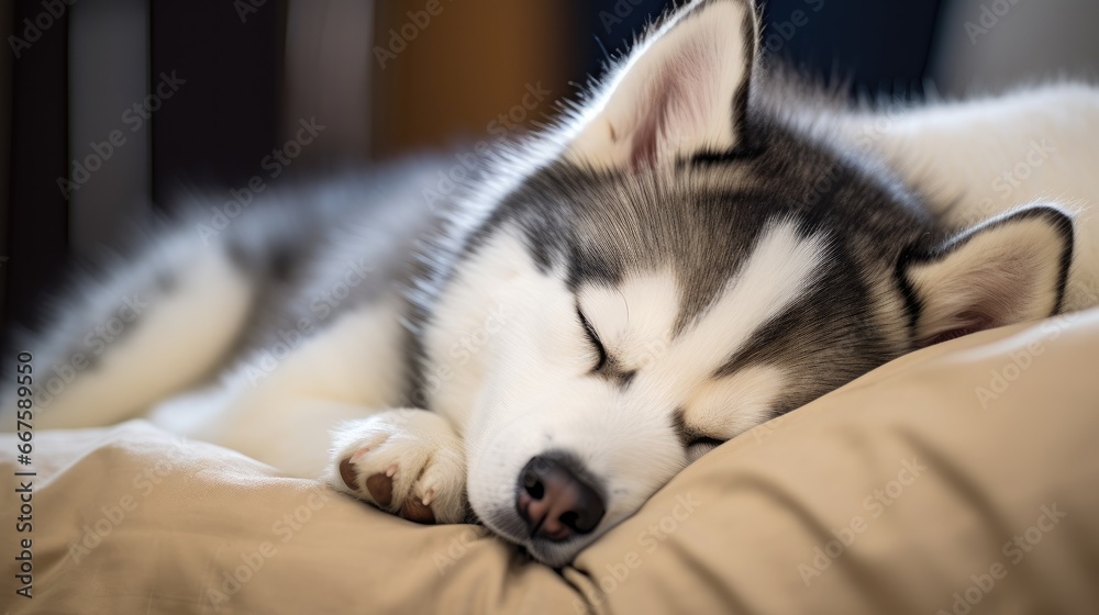 husky dog sleeping, resting sled dog pet portrait, ai generated