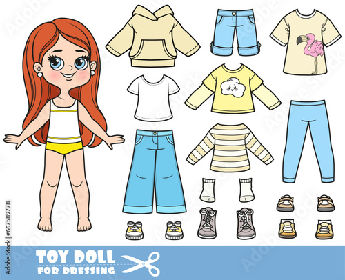 Cartoon brunette longhaired girl and clothes separately - long sleeve, hoodie, shirt, jacket, jeans and sneakers doll for dressing