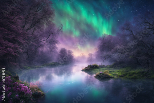 A starry landscape rich in natural resources  beautiful sky lights and lush greenery