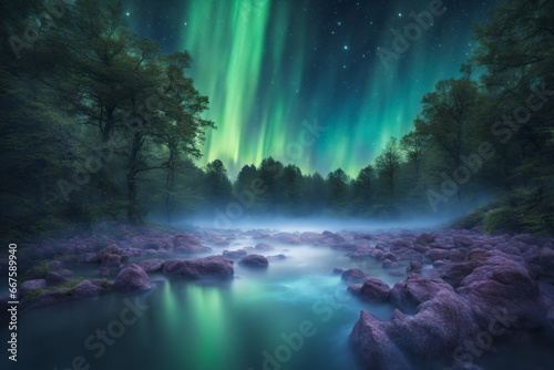 A starry landscape rich in natural resources, beautiful sky lights and lush greenery